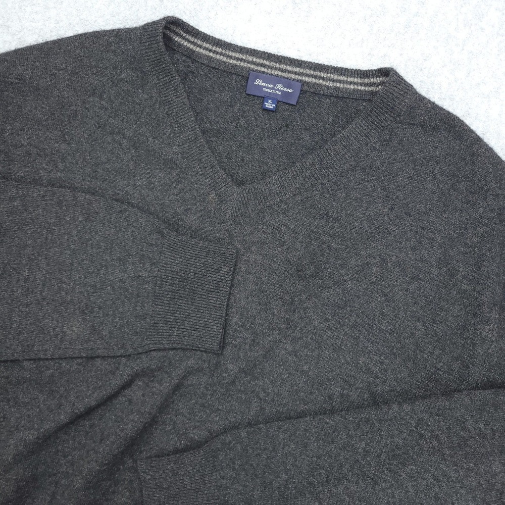 Linea‎ Rosso Signature Men's XL Charcoal Gray 100% Cashmere V-Neck Sweater